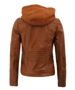 Hooded Style Brown Leather Jacket for Women