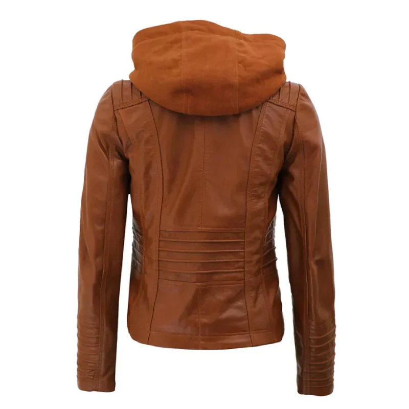 Hooded Style Brown Leather Jacket for Women