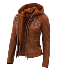 Hooded Style Brown Leather Jacket