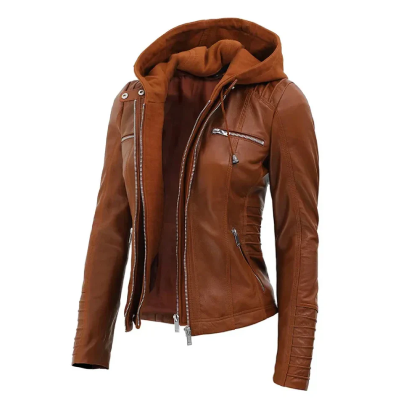 Hooded Style Brown Leather Jacket