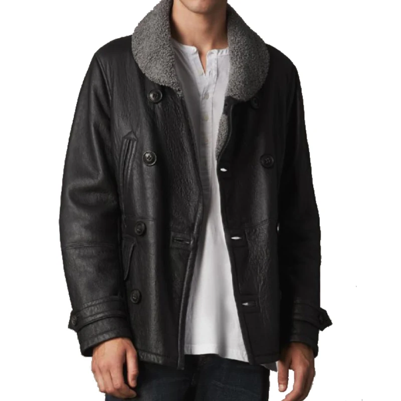 Mens Shearling Black Pea Coat